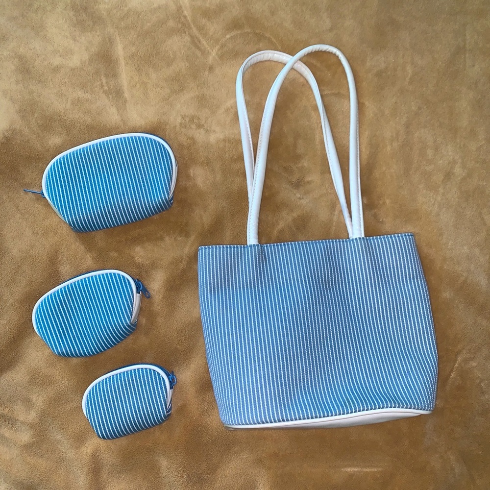 Bueno Blue And White Striped Handbag With 3 Storage Wallets